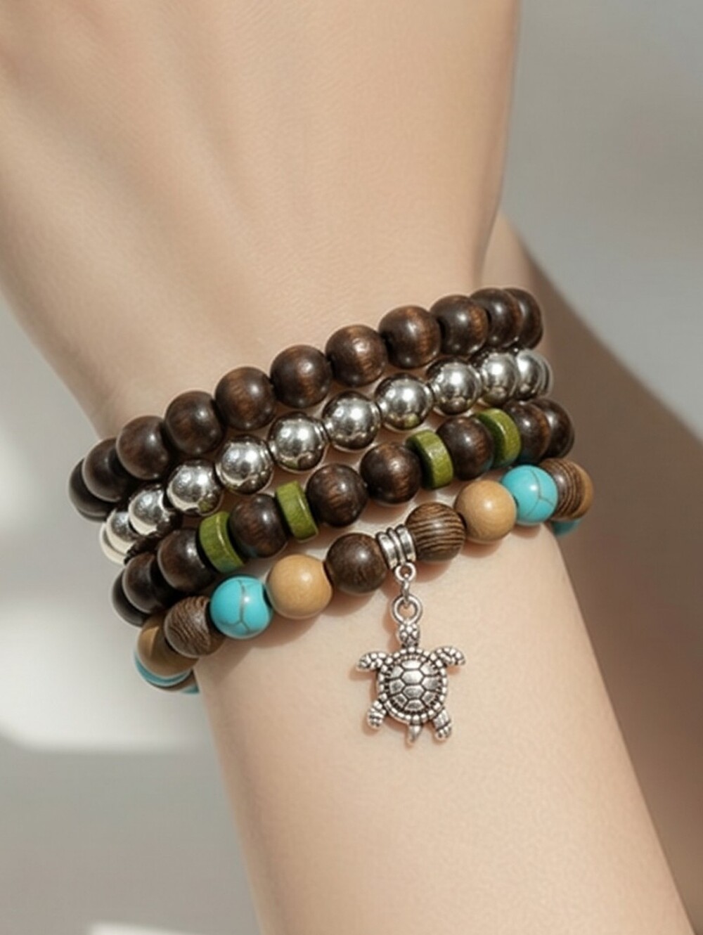 Boho Beaded Stacked Bracelets Set 4 Turtle Charm Wooden Turquoise Silver NWT